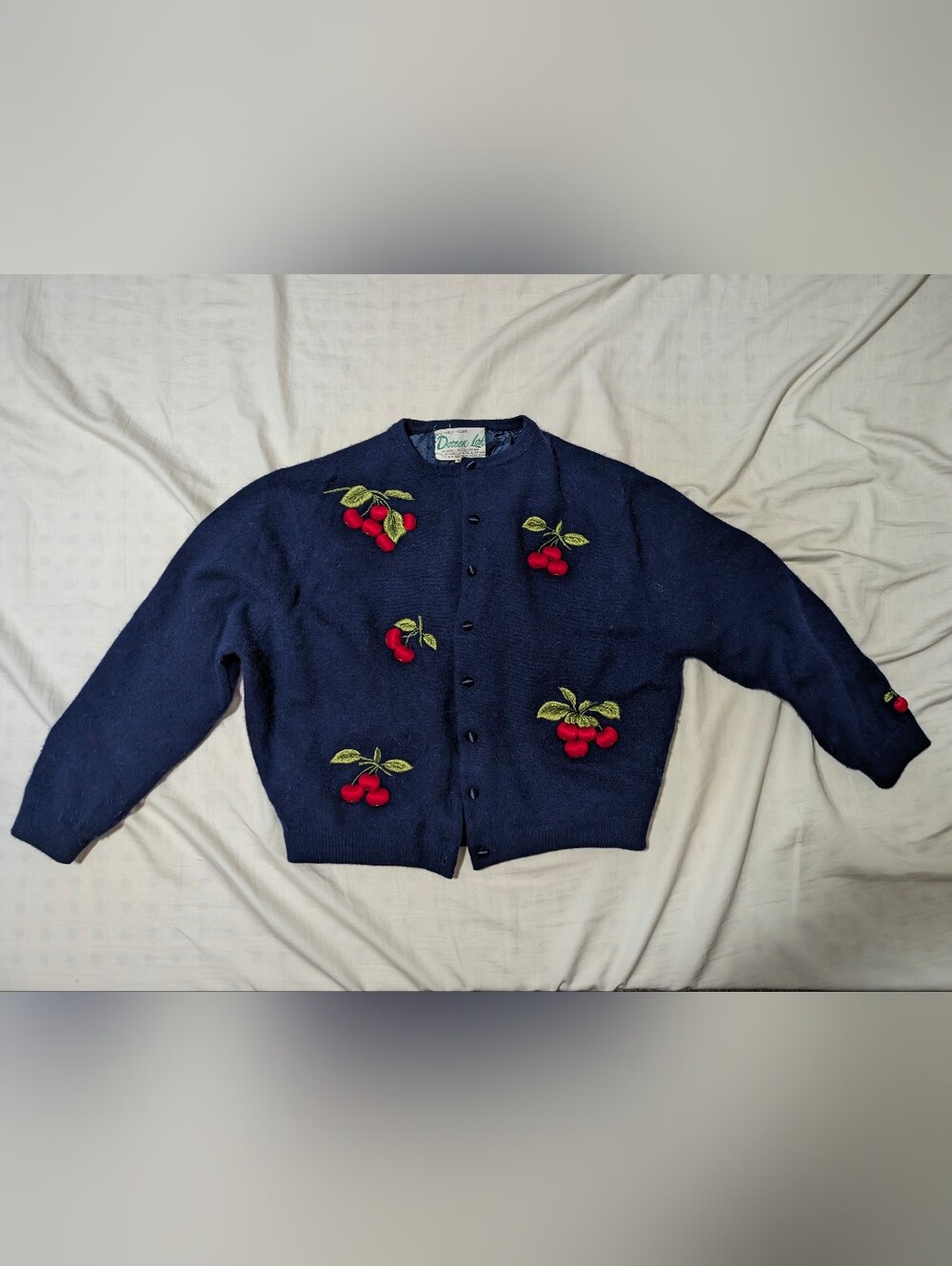 Vintage 50s Doreen Lok Lined Cherry Embroidered Navy Crewneck Cardigan Hong Kong